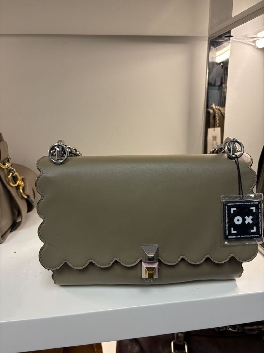 Fendi Kan I Olive Green Scalloped Leather Shoulder Bag